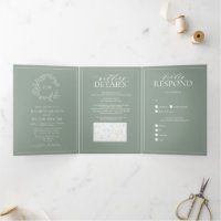 Sage Green Leafy Crest Monograma Casado Três Dobra