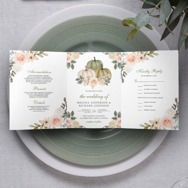 Convite Com Dobra Tripla Sage Green Pumpkin e Dusty Peach Casamento Floral (Criador carregado)