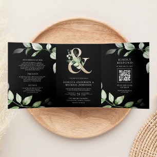Convite Com Dobra Tripla Sage Greenery Dourado Ampersand Código QR Casament