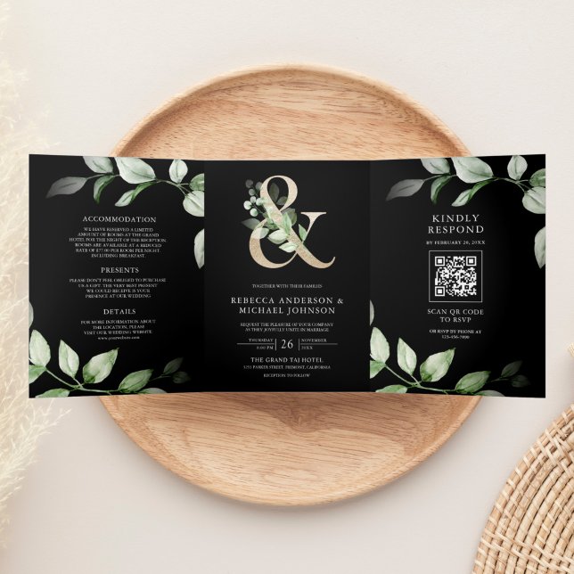 Convite Com Dobra Tripla Sage Greenery Dourado Ampersand Código QR Casament (Criador carregado)