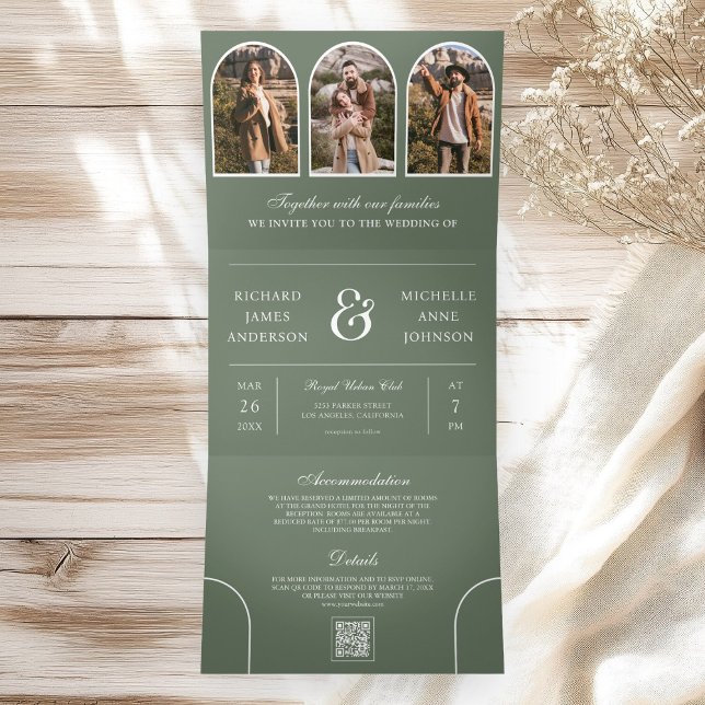 Convite Com Dobra Tripla Sage Verde Arco Mínimo Foto Código QR Casamento (Criador carregado)
