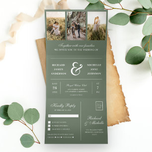Convite Com Dobra Tripla Sage Verde Minimalista Colagem de Fotos Casamento