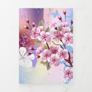 Convite Com Dobra Tripla Sakura rosa no fundo da pintura
