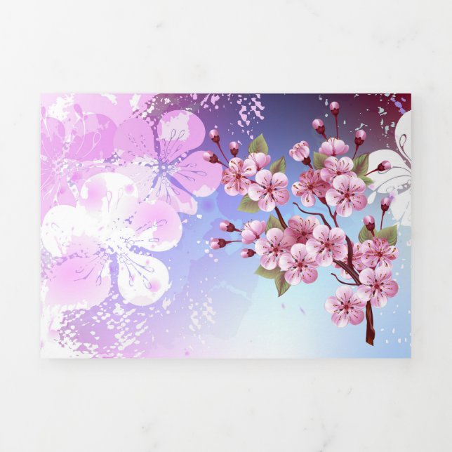 Convite Com Dobra Tripla Sakura rosa no fundo da pintura (Cobrir)