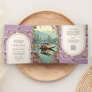 Convite Com Dobra Tripla Shikara Floral Caxemira Lago Dal Casamento Indiano