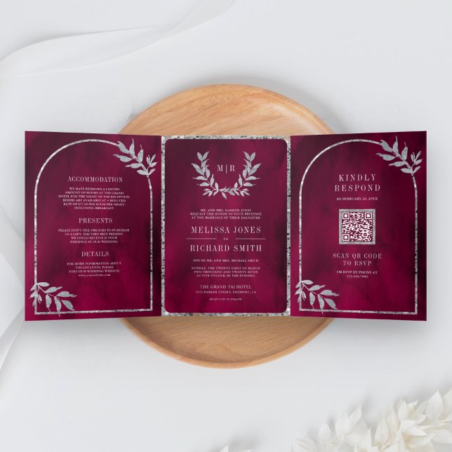 Convite Com Dobra Tripla Silver Laurel Wreath Deixa Fuchsia Pink Casamento (Criador carregado)