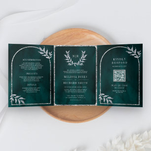 Convite Com Dobra Tripla Silver Laurel Wreath Deixa O Casamento De Teal Esc