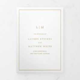 Convite Com Dobra Tripla Simples Casamento Dourado Monograma Elegante