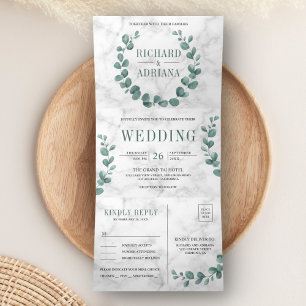 Convite Com Dobra Tripla Simples Eucalyptus Wreath Tudo em Um Casamento Mar
