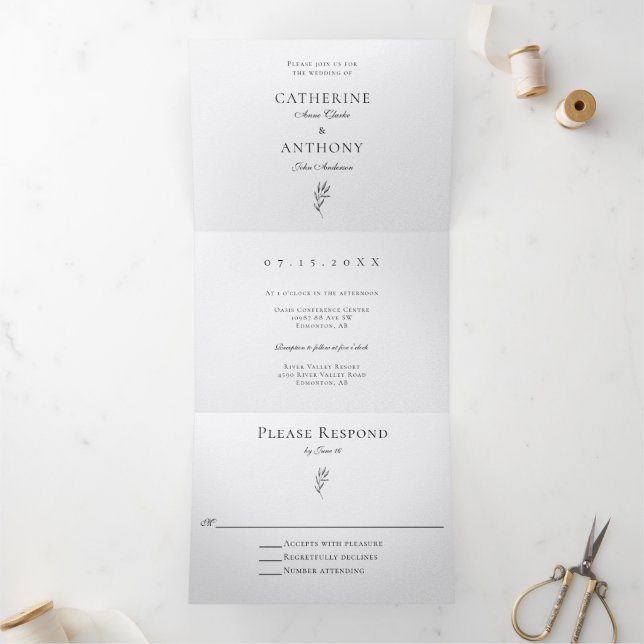 Convite Com Dobra Tripla Simples Folha Botânica Mínima Elegante Clássica (Dentro)