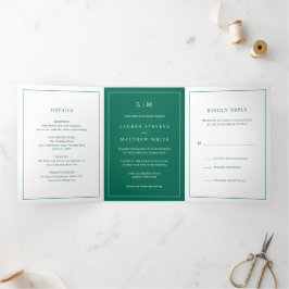 Convite Com Dobra Tripla Simples Monograma Verde Esmeralda Casamento Elegan