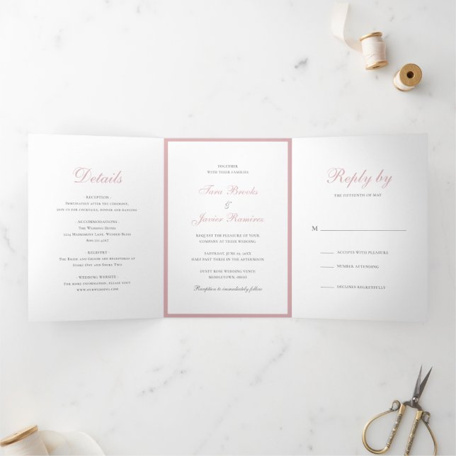 Convite Com Dobra Tripla Simples Rosa Poeira Elegante Casamento  (Dentro)