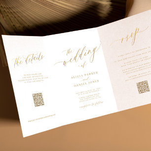 Convite Com Dobra Tripla Simples script de ouro RSVP detalhes do casamento