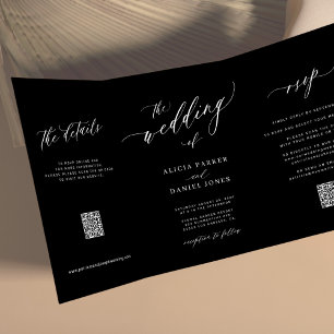 Convite Com Dobra Tripla Simples script elegante RSVP QR casamento preto