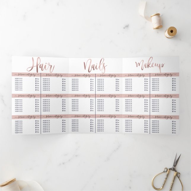 Convite Com Dobra Tripla Simples White Rose Dourada Salon Spa Price List (Dentro)