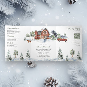 Convite Com Dobra Tripla Snowy Red Barn Winter Christmas Código QR Casament