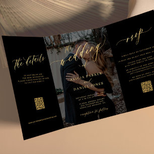Convite Com Dobra Tripla Sobreposição de fotos dourado preto RSVP detalhes 