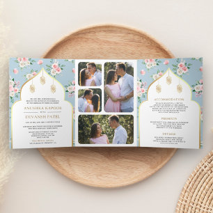 Convite Com Dobra Tripla Soft Blue Pink Floral Tudo em Um Casamento Indiano