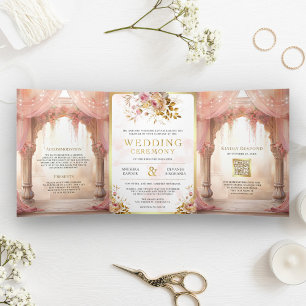 Convite Com Dobra Tripla Sonho Rosa Floral Mandap Casamento Hindu Indiano