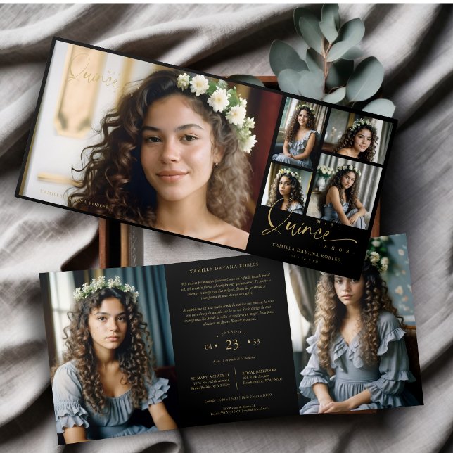 Convite Com Dobra Tripla Spanish Black Trendy Quinceañera Collage 7 Photos (Spanish Black Trendy Quinceañera Collage 7 Photos Invitation Tri-Fold Card with Envelope.)
