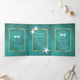 Convite Com Dobra Tripla Starfish branco no casamento da praia de papel tê