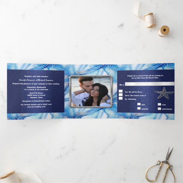 Convite Com Dobra Tripla Starfish impermeável padrão casal praia foto (Dentro)