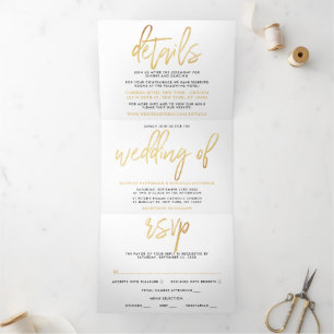 Convite Com Dobra Tripla Suite de Casamento com Script de Folha de Ouro Mod