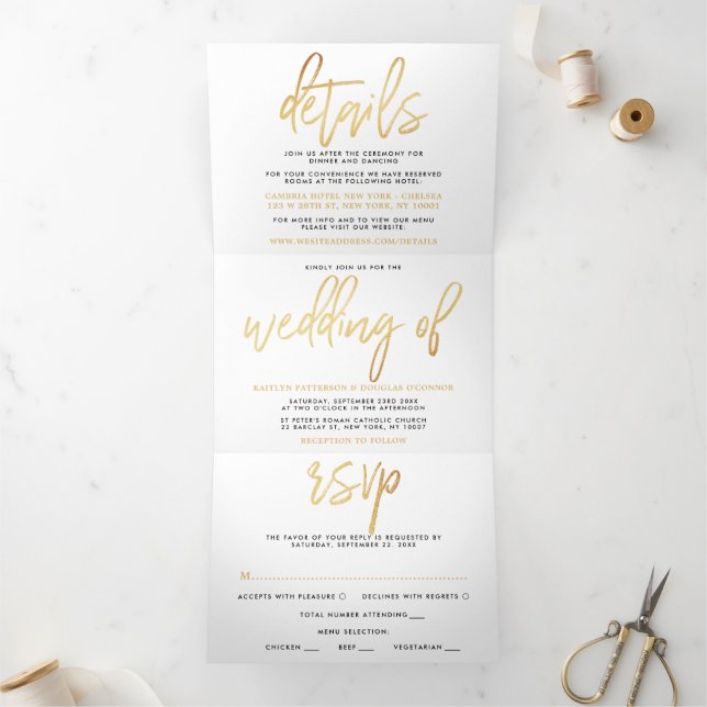 Convite Com Dobra Tripla Suite de Casamento com Script de Folha de Ouro Mod (Dentro)