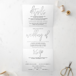 Convite Com Dobra Tripla Suite de Casamento de Script de Foil Moderno Silve