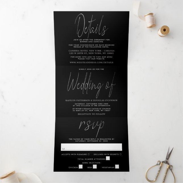 Convite Com Dobra Tripla Suite de Casamento de Script de Foil Moderno Silve (Dentro)
