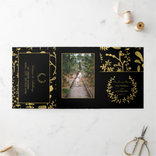 Convite Com Dobra Tripla Suíte de Casamento Floral Dourado e Preto