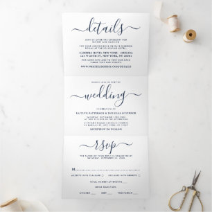 Convite Com Dobra Tripla Suite de Casamento Simples de Script Azul e Branco