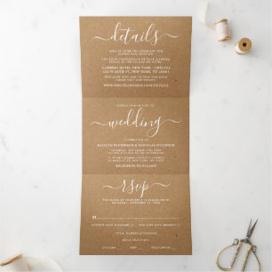 Convite Com Dobra Tripla Suíte de Casamento Simples de Script Kraft Rustic