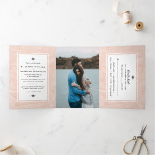 Convite Com Dobra Tripla Suite de Noiva Vintage Elegante com Rosa Marmoriza