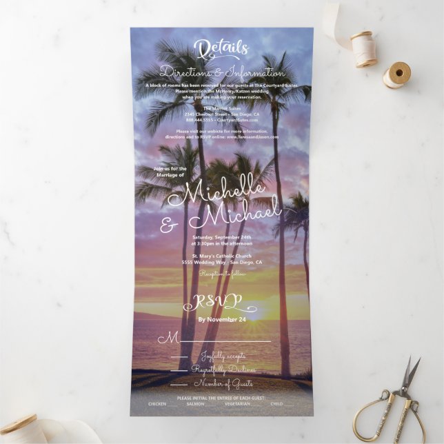 Convite Com Dobra Tripla Sunset Tropical Palm Tree (Dentro)