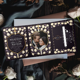 Convite Com Dobra Tripla Sword & Shield Medieval Fantasy Casamento Monogram