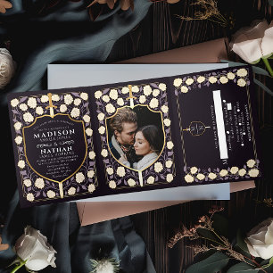 Convite Com Dobra Tripla Sword & Shield Medieval Fantasy Casamento Monogram