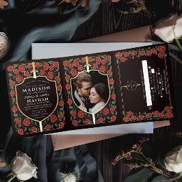 Convite Com Dobra Tripla Sword & Shield Medieval Fantasy Casamento Monogram