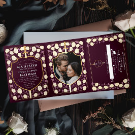 Convite Com Dobra Tripla Sword & Shield Medieval Fantasy Wedding Red