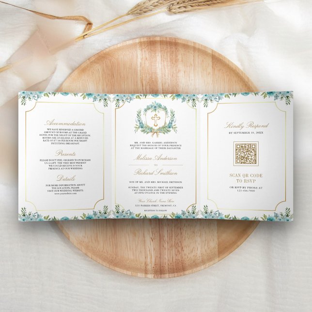 Convite Com Dobra Tripla Teal Floral Dourada Católica Cruzada QR Casamento (Criador carregado)