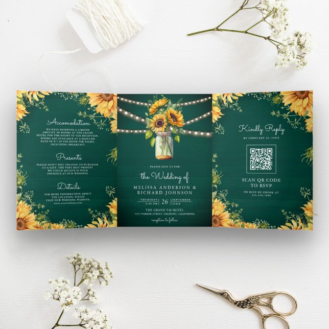 Convite Com Dobra Tripla Teal Green Sunflower Mason Jar Código QR Casamento (Criador carregado)
