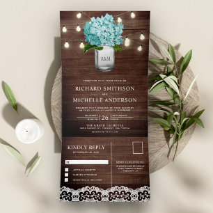 Convite Com Dobra Tripla Teal Hydrangea Mason Jar String Luzes Casamento