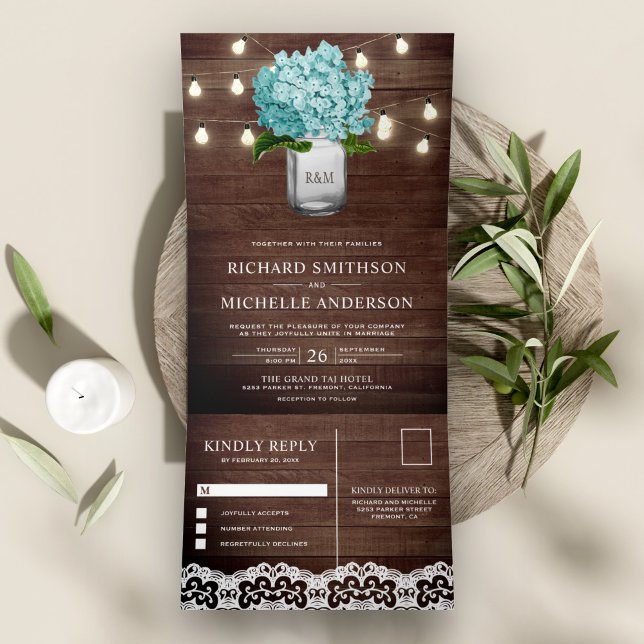 Convite Com Dobra Tripla Teal Hydrangea Mason Jar String Luzes Casamento (Criador carregado)