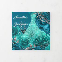 Convite Com Dobra Tripla Teal prata rosa mulheres FOTO aniversário floral