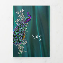 Convite Com Dobra Tripla Teal Satin Olhe com Casamento Peacock