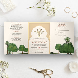 Convite Com Dobra Tripla Tema Real Jardim Mughal Casamento Estilo Indiano