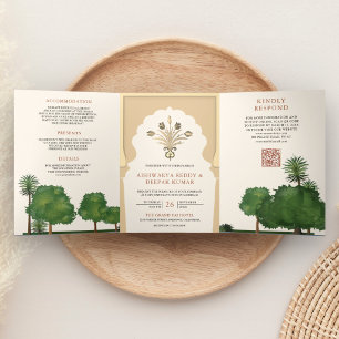 Convite Com Dobra Tripla Tema Real Jardim Mughal Casamento Estilo Indiano