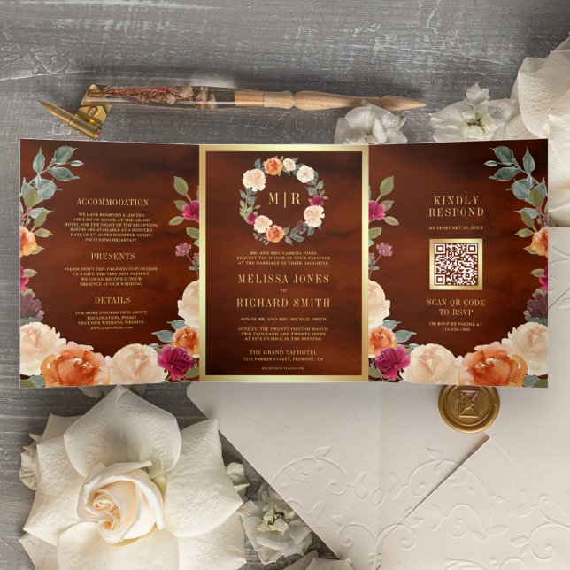 Convite Com Dobra Tripla Terna Floral Rua QR Código Terracotta Casamento (Criador carregado)