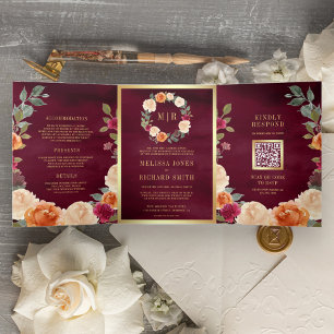 Convite Com Dobra Tripla Terna Floral Wreath QR Code Burgundy Casamento
