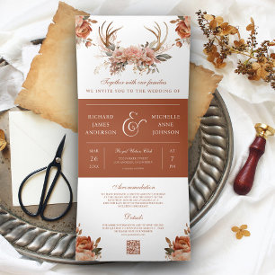 Convite Com Dobra Tripla Terra Floral Antlers Código QR Casamento Terracota